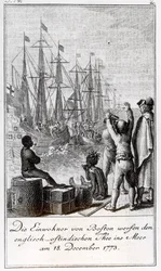 Les habitants de Boston jettent du thé anglais-indien dans la mer, 18 décembre 1773